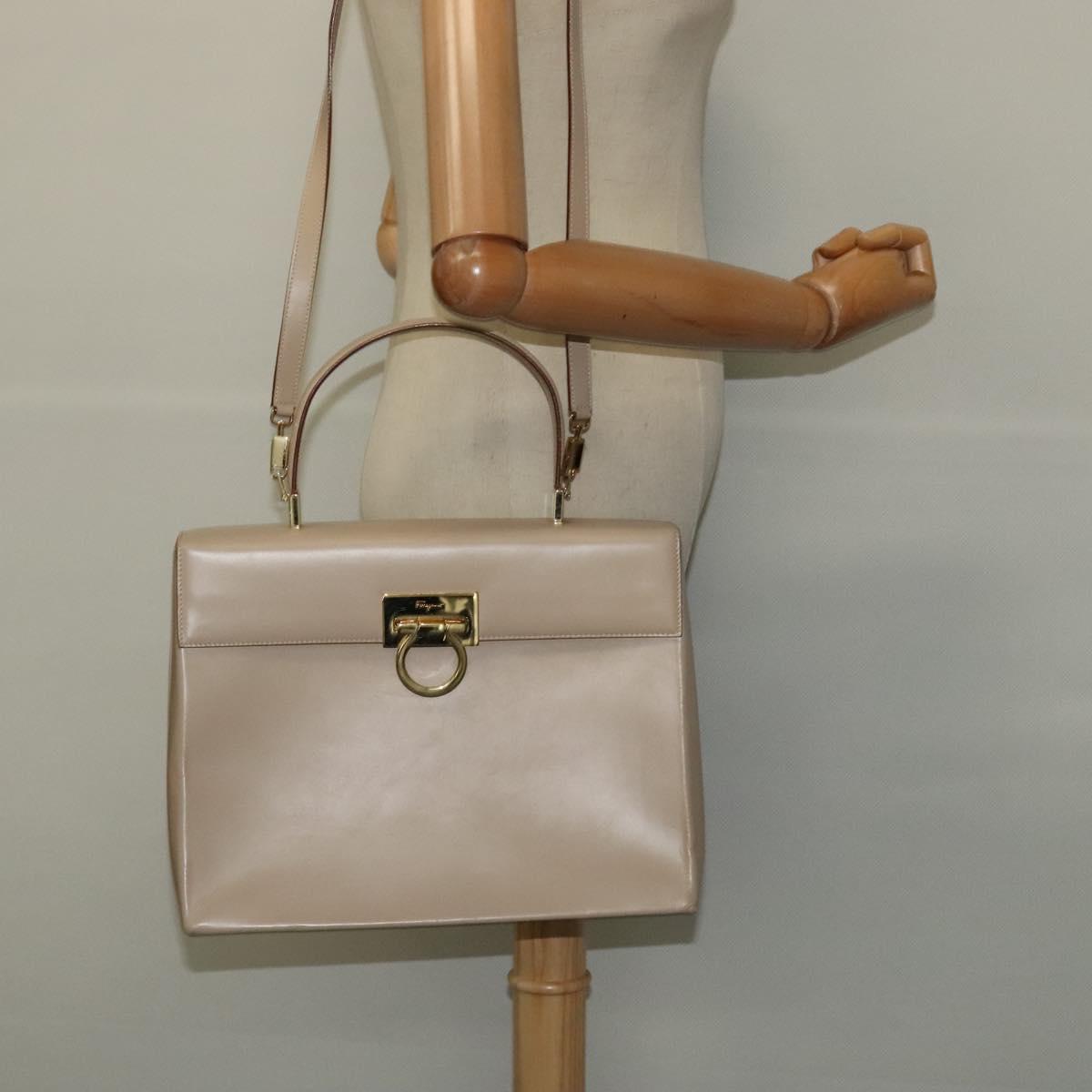 Salvatore Ferragamo Gancini Hand Bag Leather 2way Beige Gold Auth 125026