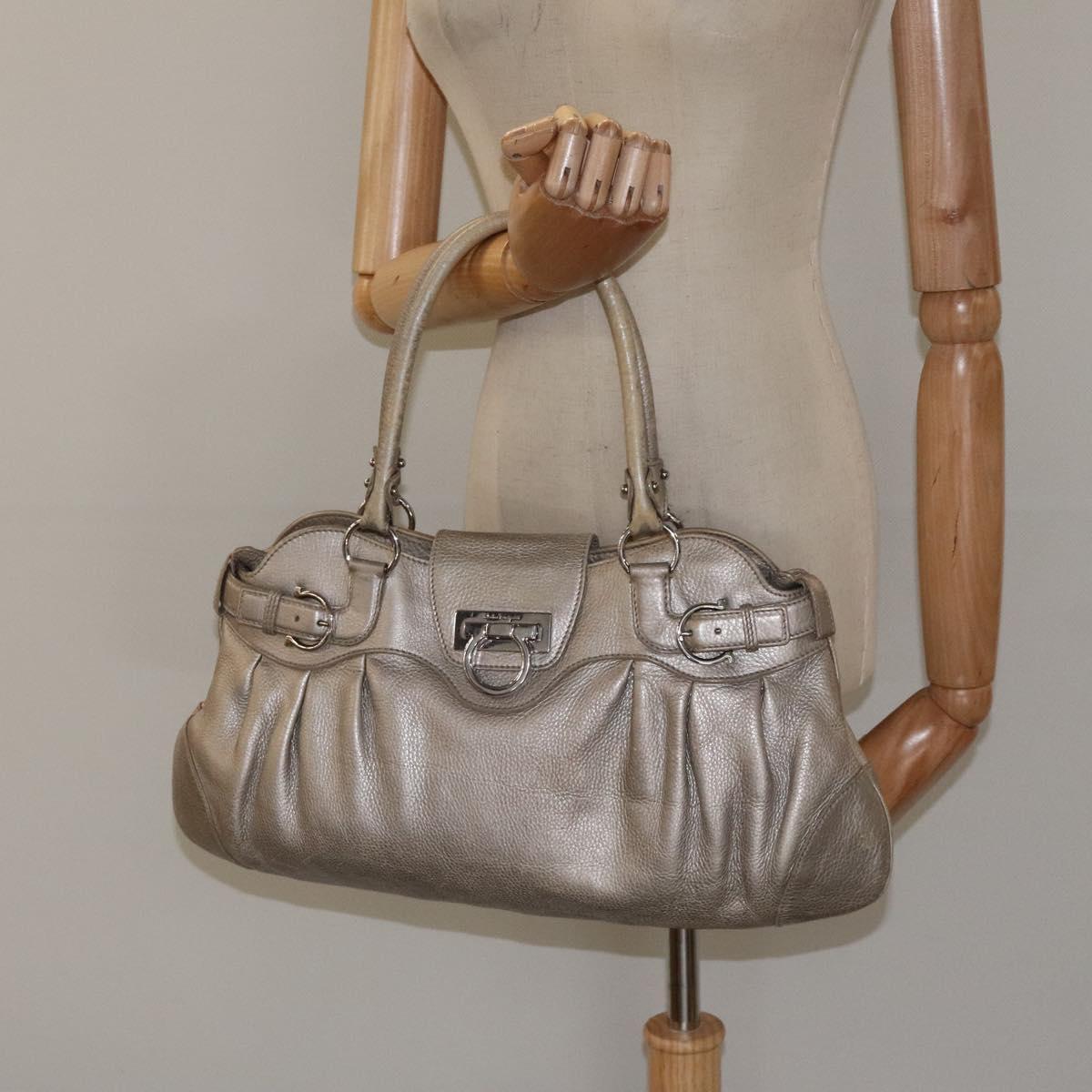 Salvatore Ferragamo Gancini Tote Bag Leather Silver Auth 125027