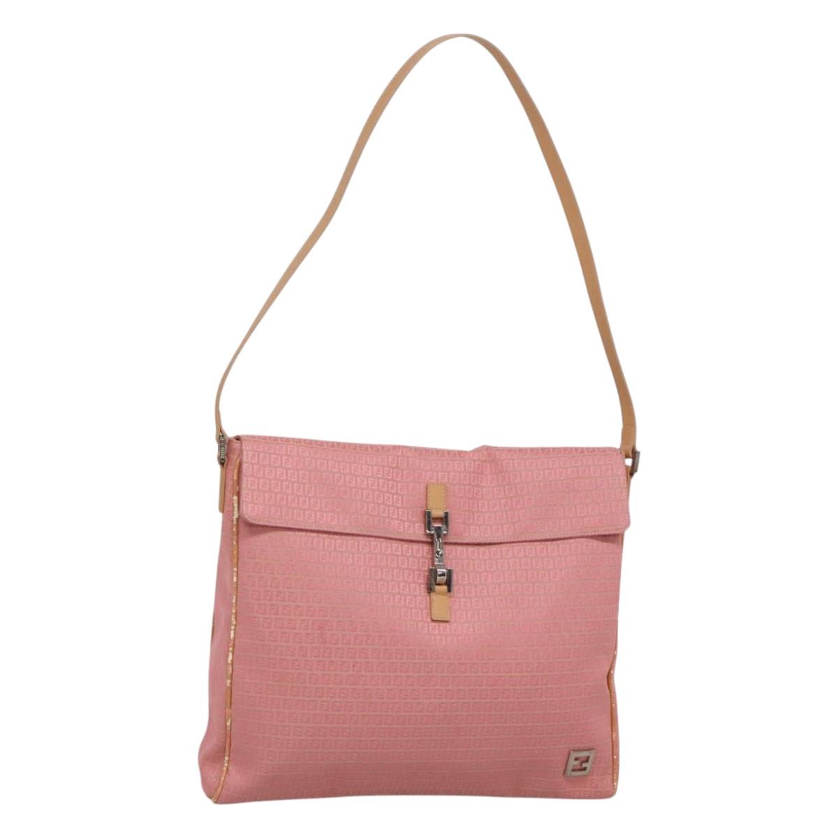 FENDI Zucchino Canvas Shoulder Bag Pink Silver Auth 125032