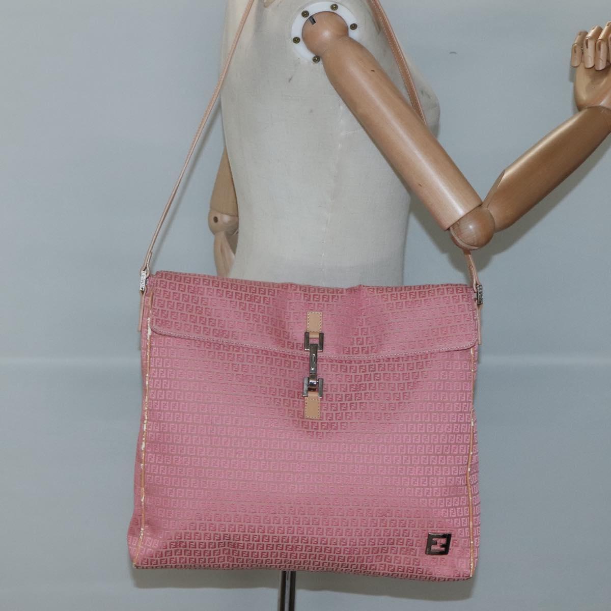 FENDI Zucchino Canvas Shoulder Bag Pink Silver Auth 125032