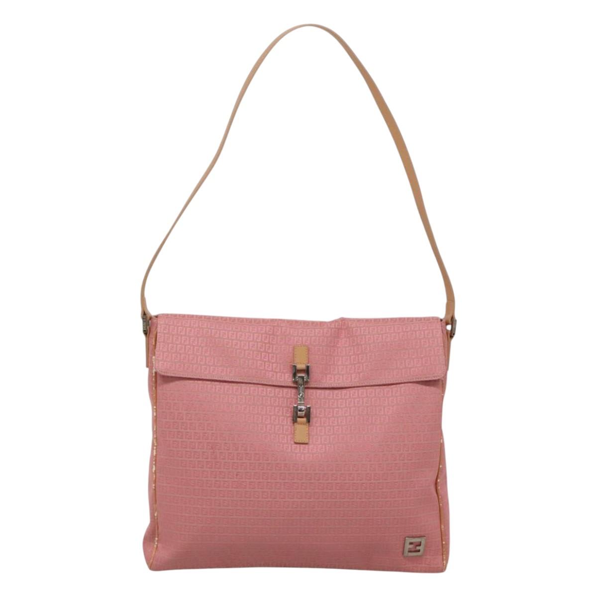 FENDI Zucchino Canvas Shoulder Bag Pink Silver Auth 125032