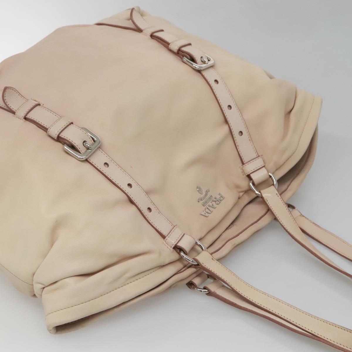 PRADA Shoulder Bag Leather Beige Silver Auth 125050