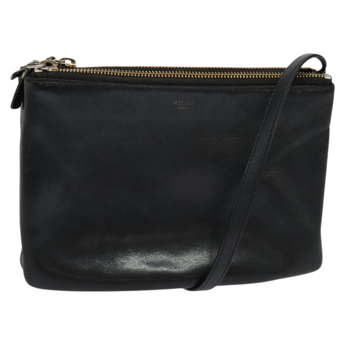 CELINE Trio Shoulder Bag Leather Black Gold Auth 125093