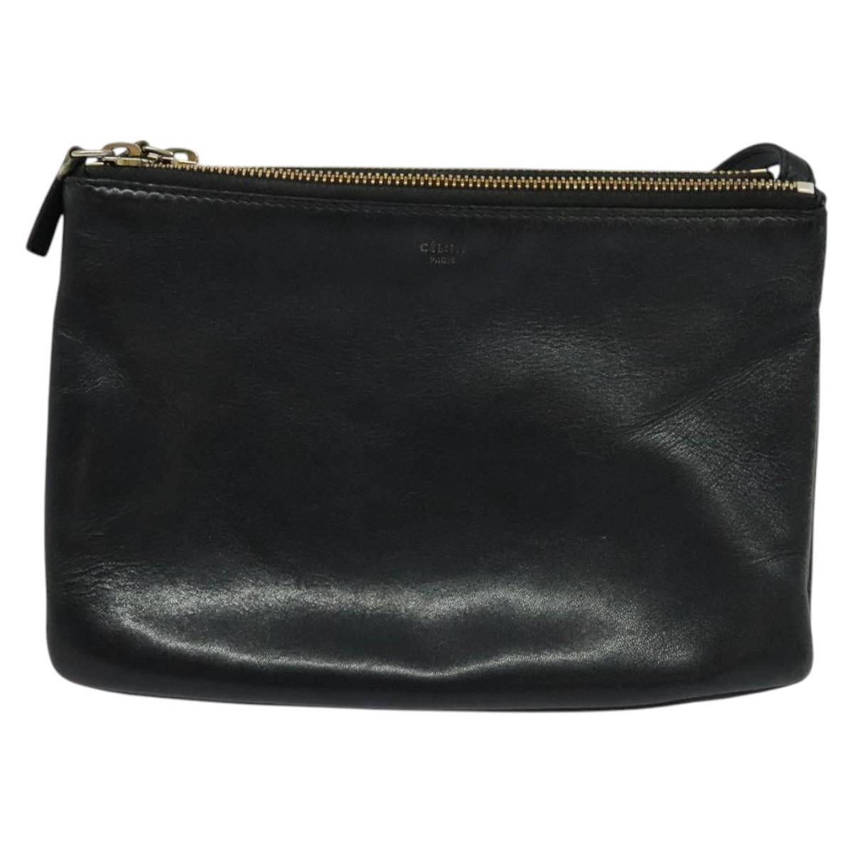 CELINE Trio Shoulder Bag Leather Black Gold Auth 125093