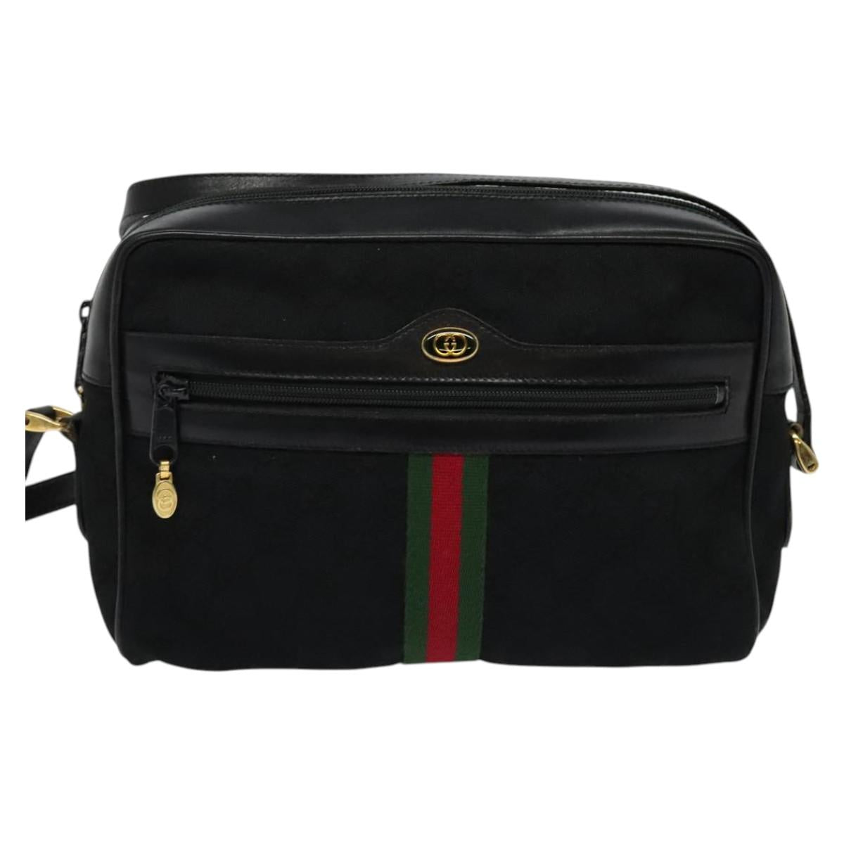 GUCCI GG Canvas Web Sherry Line Shoulder Bag Black Gold 37 0124071 Auth 125109