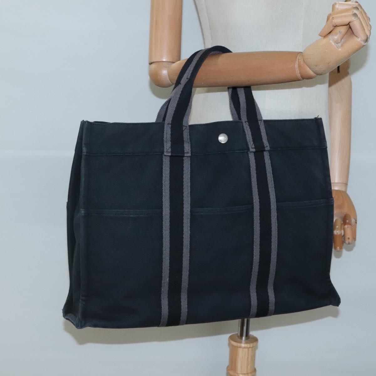 HERMES Fourre Tout MM Hand Bag Canvas Black Silver Auth 125123