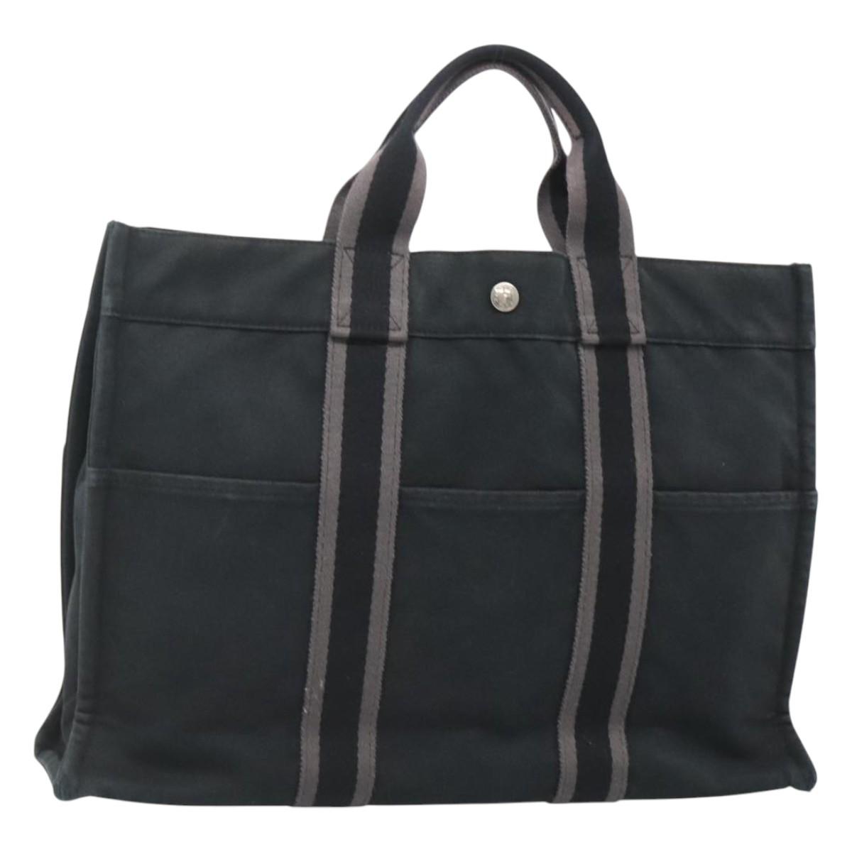 HERMES Fourre Tout MM Hand Bag Canvas Black Silver Auth 125123