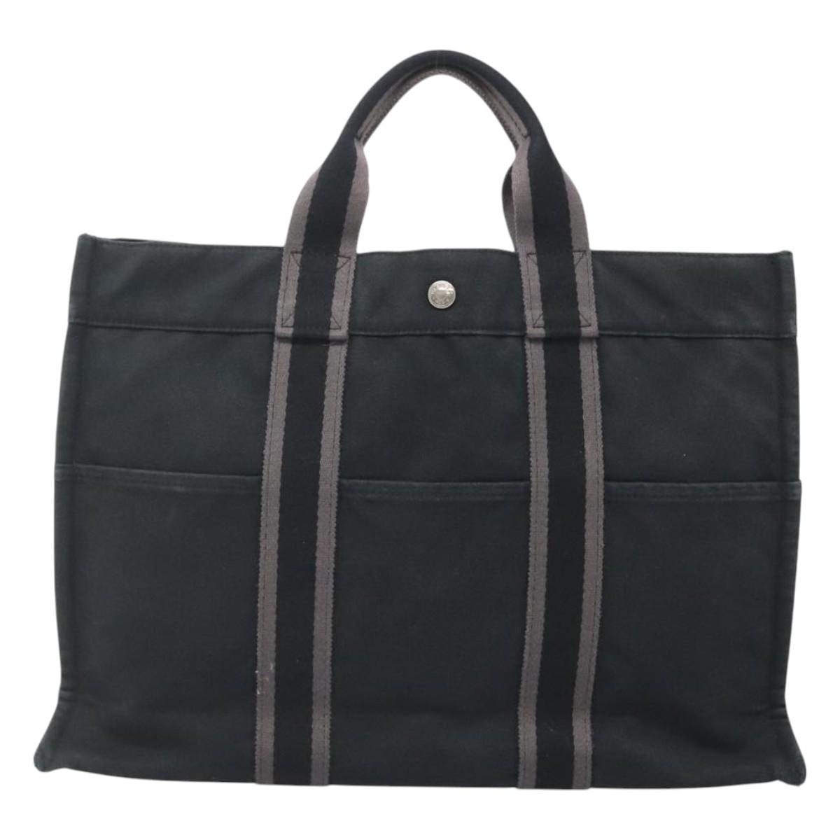 HERMES Fourre Tout MM Hand Bag Canvas Black Silver Auth 125123