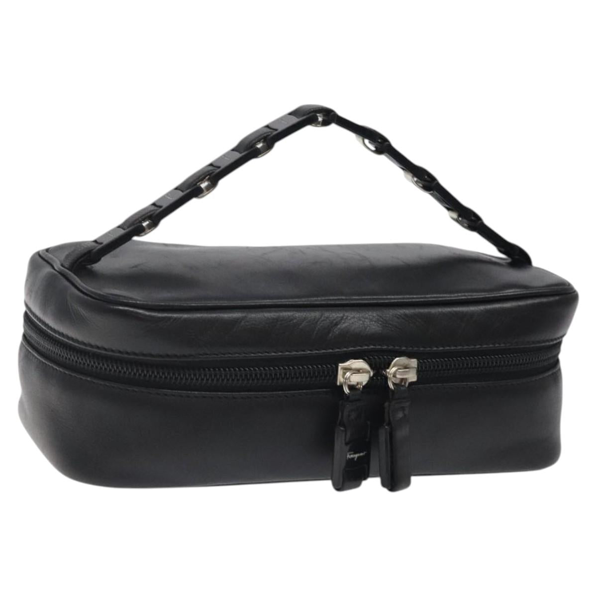 Salvatore Ferragamo Vanity Pouch Leather Black Silver Auth 125183