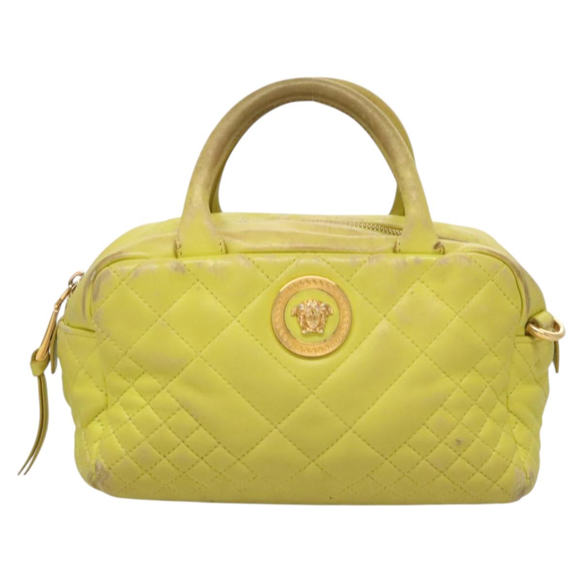 VERSACE Hand Bag Leather Green Gold Auth 125242