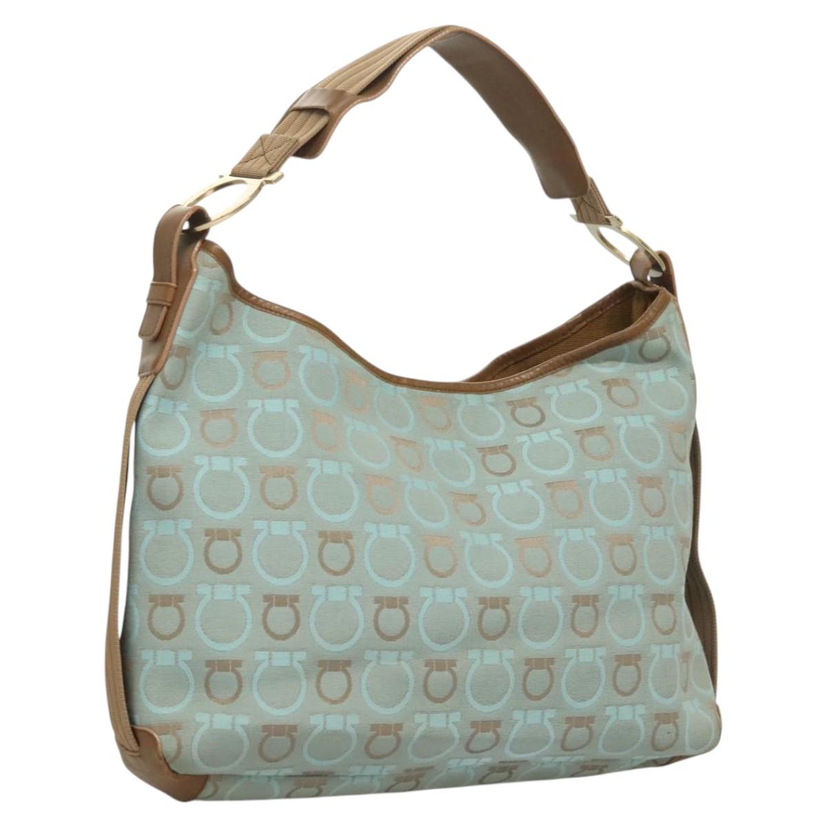 Salvatore Ferragamo Gancini Shoulder Bag Canvas Light Blue Gold Auth 125278