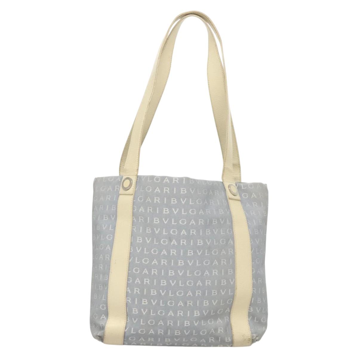BVLGARI Logogram Tote Bag Canvas Light Blue Silver Auth 125302