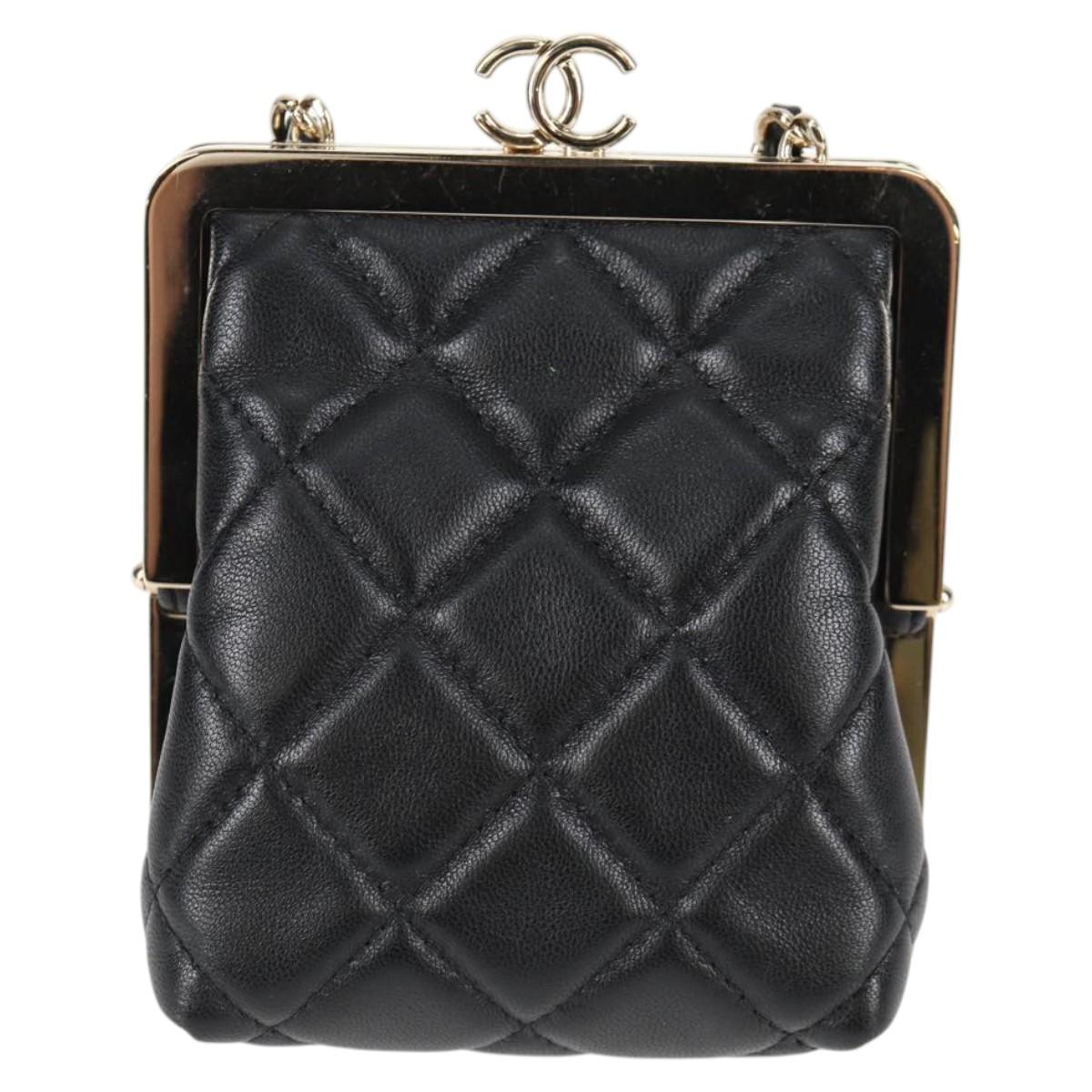 CHANEL Matelasse Chain Pouch Shoulder Bag Lamb Skin Black Gold CC Auth 125435AM