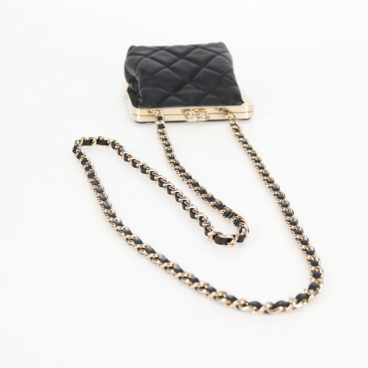 CHANEL Matelasse Chain Pouch Shoulder Bag Lamb Skin Black Gold CC Auth 125435AM
