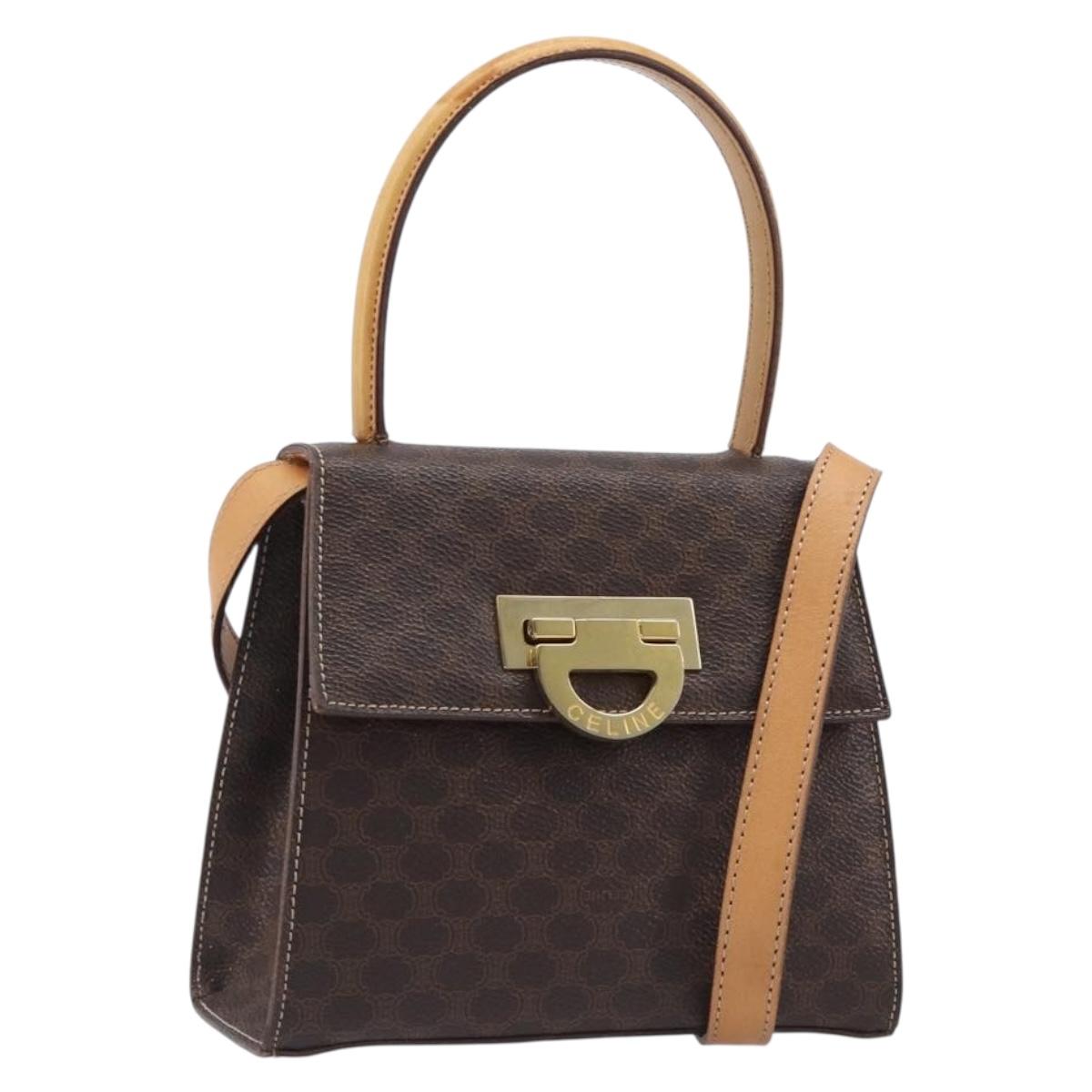 CELINE Macadam Canvas Hand Bag PVC Leather 2way Brown Gold Auth 125507
