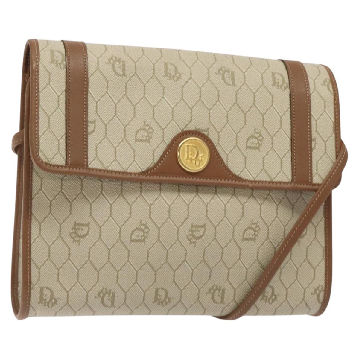Christian Dior Honeycomb Canvas Shoulder Bag PVC Beige Gold Auth 125574