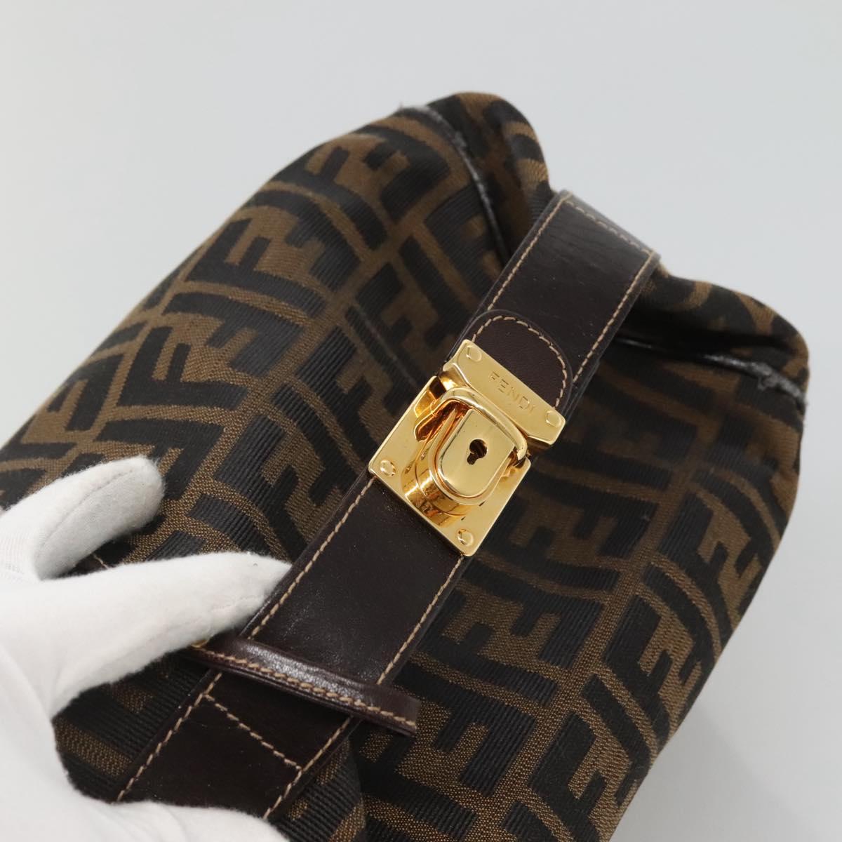 FENDI Zucca Canvas Vanity Pouch Black Brown Gold Auth 125642