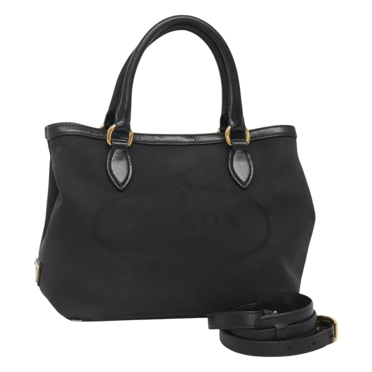 PRADA Hand Bag Canvas 2way Black Gold Auth 125699