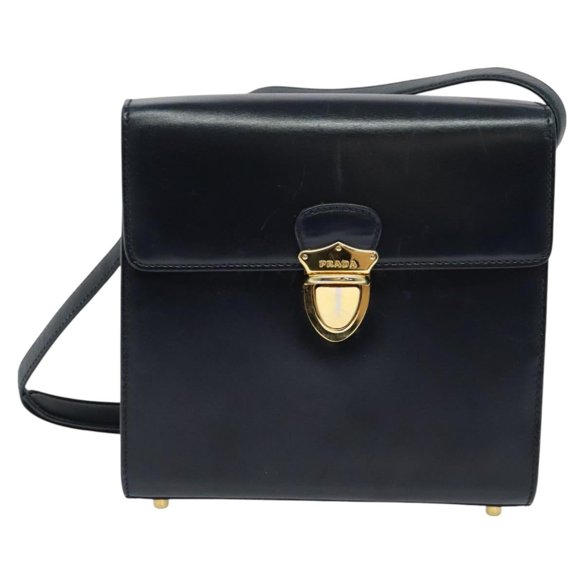 PRADA Shoulder Bag Leather Navy Gold Auth 125700