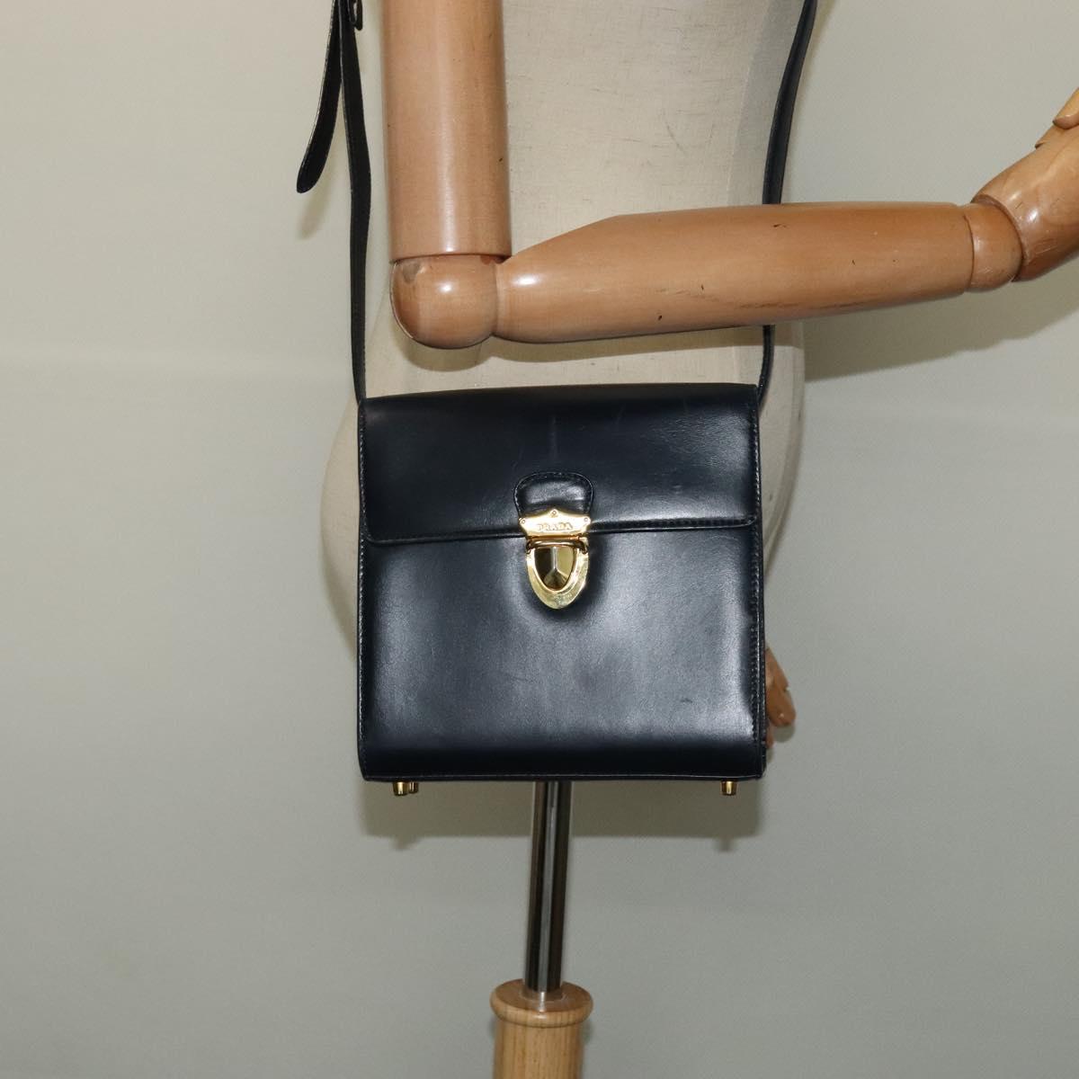 PRADA Shoulder Bag Leather Navy Gold Auth 125700