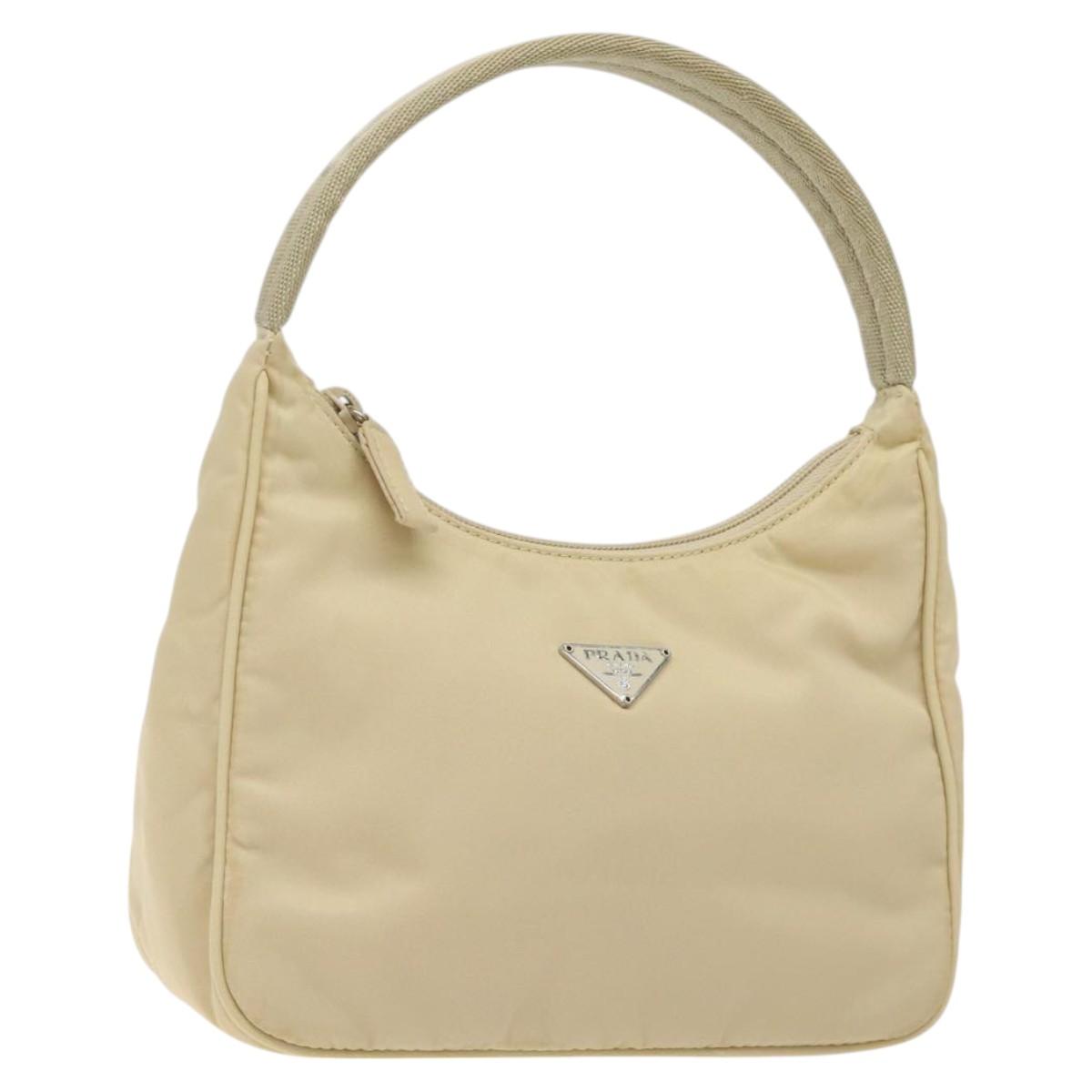 PRADA Hand Bag Nylon Beige Silver Auth 125727