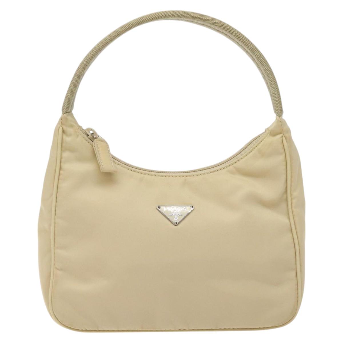 PRADA Hand Bag Nylon Beige Silver Auth 125727