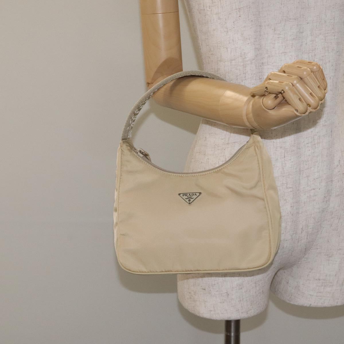 PRADA Hand Bag Nylon Beige Silver Auth 125727