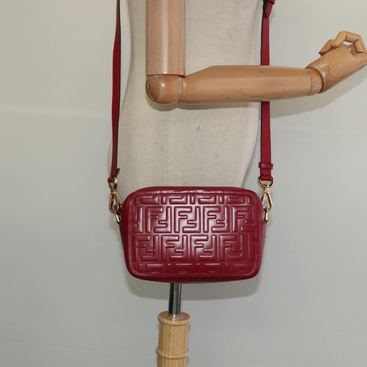 FENDI Zucca Shoulder Bag Leather Red Gold Auth 125736