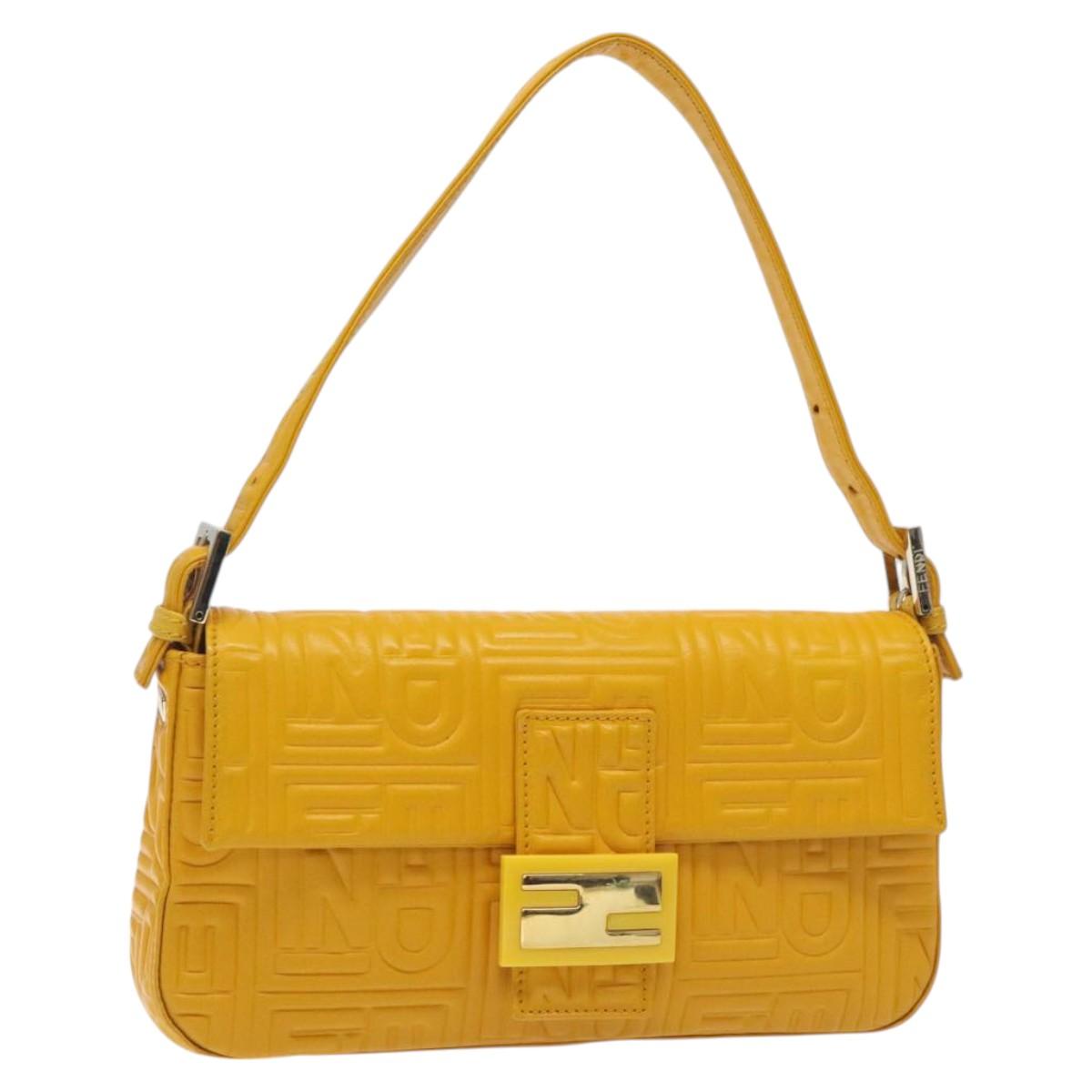 FENDI Mamma Baguette Shoulder Bag Leather Yellow Gold Auth 125737