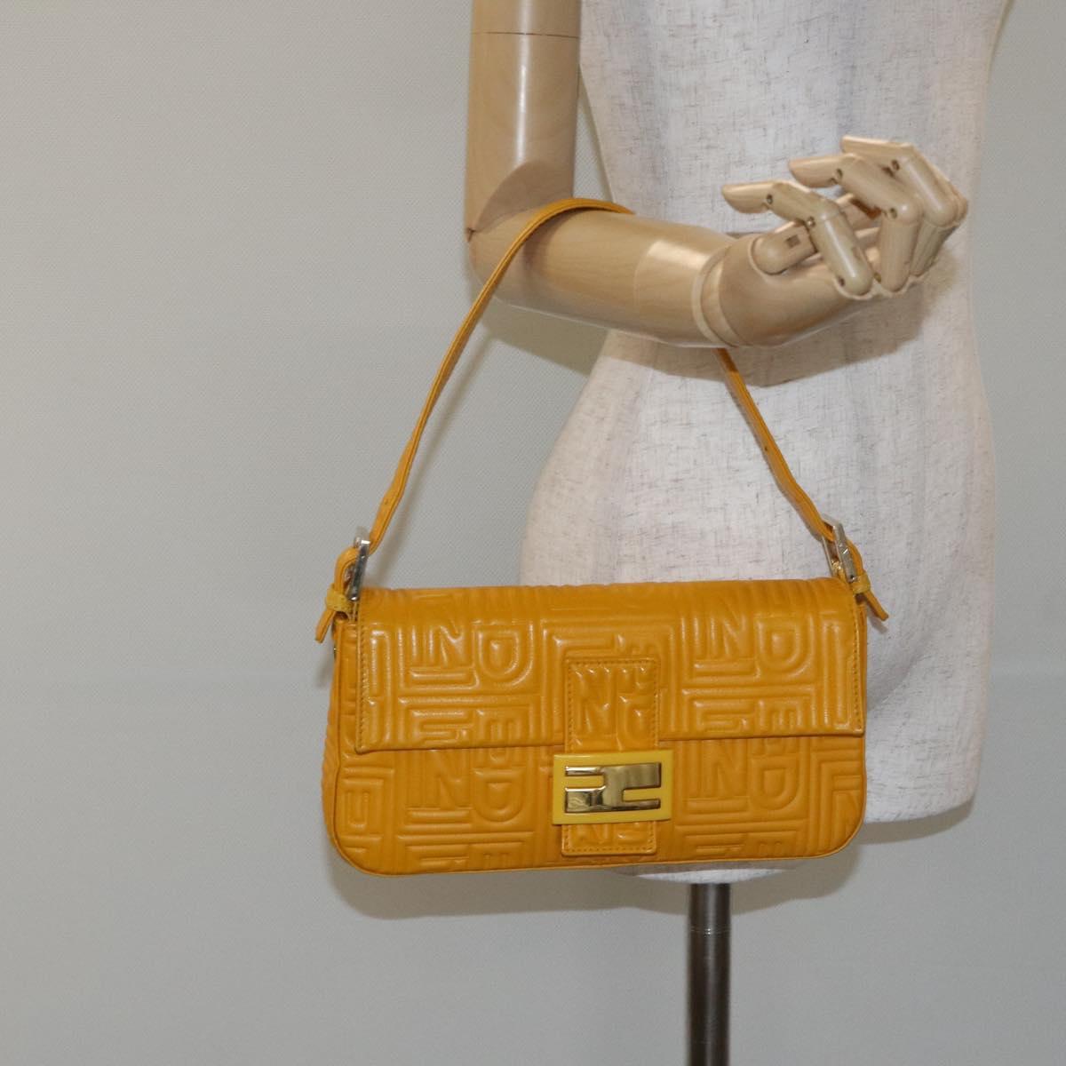 FENDI Mamma Baguette Shoulder Bag Leather Yellow Gold Auth 125737