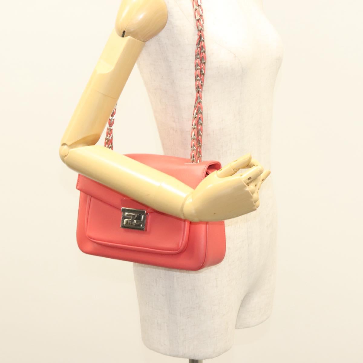 FENDI Chain Shoulder Bag Leather Pink Silver Auth 125738