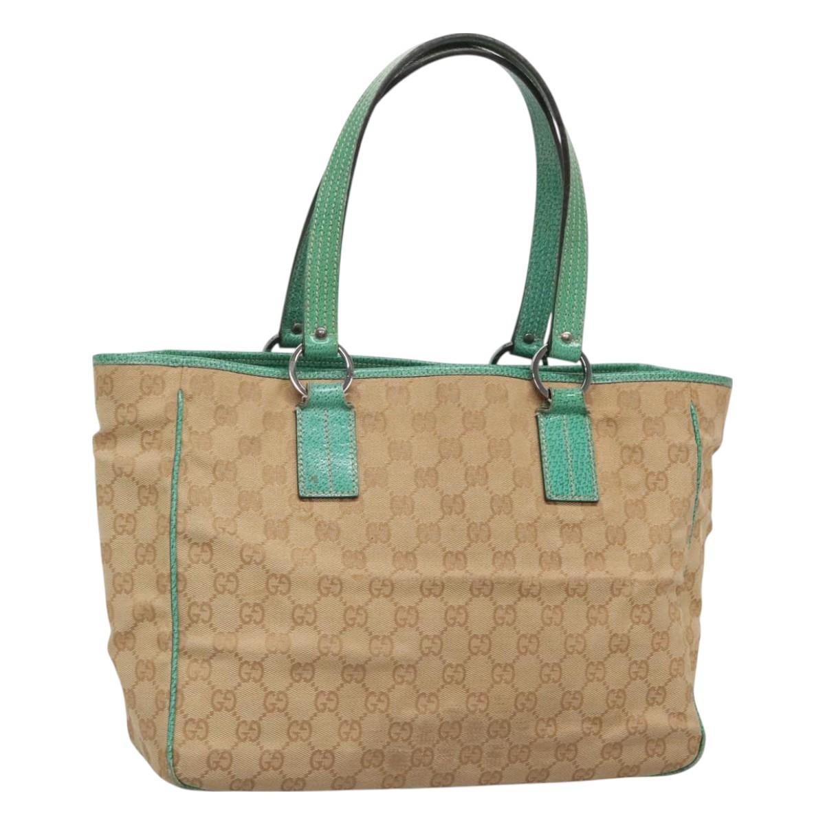 GUCCI GG Canvas Tote Bag Beige Green Silver 113017 Auth 125798