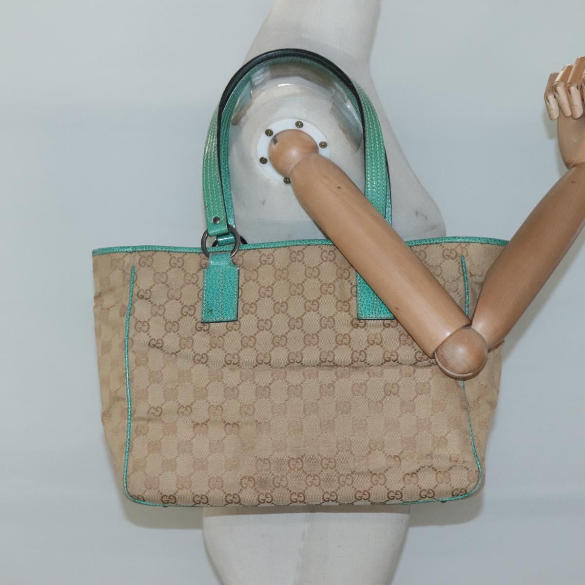 GUCCI GG Canvas Tote Bag Beige Green Silver 113017 Auth 125798