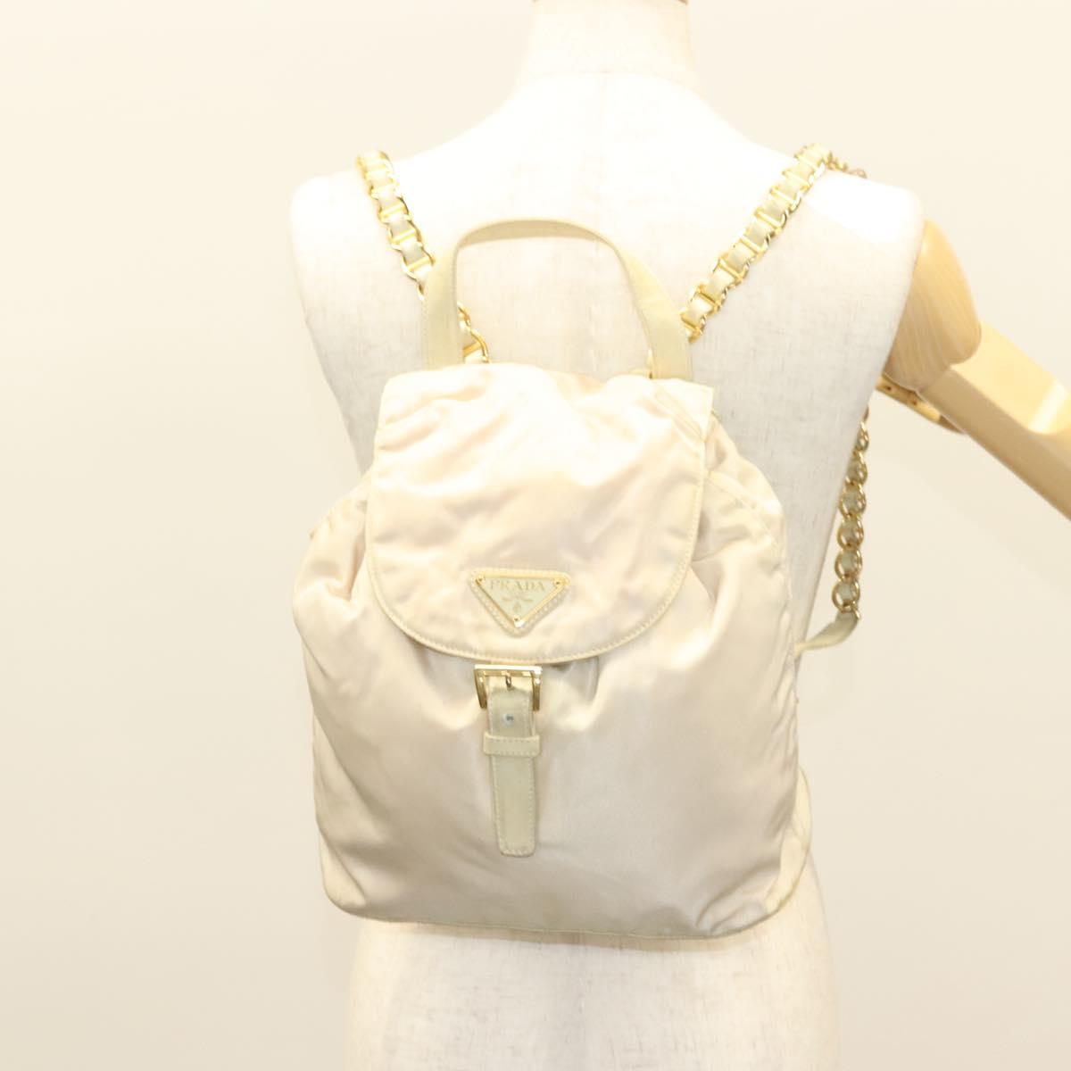 PRADA Chain Backpack Nylon Ivory Gold Auth 125803