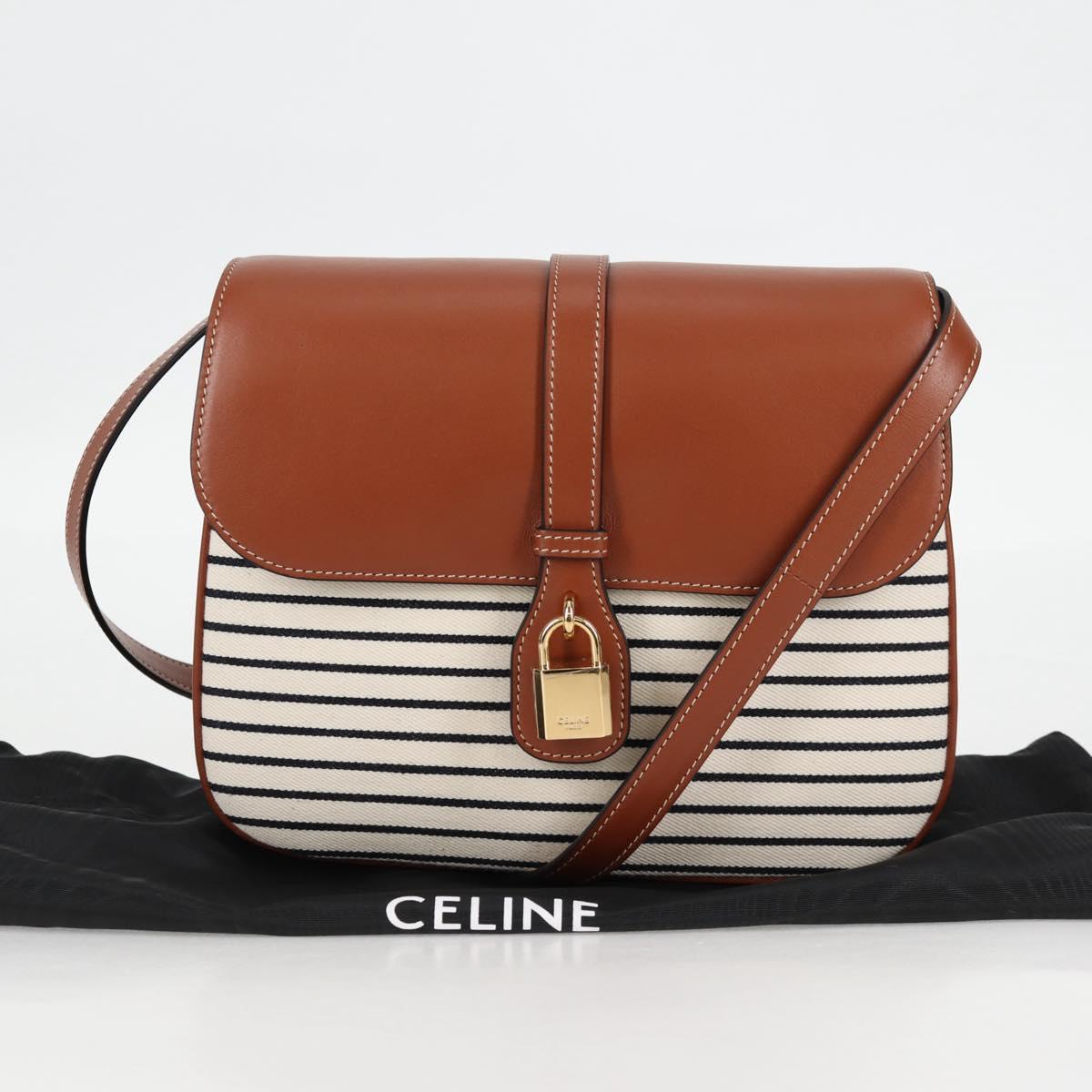 CELINE Shoulder Bag Canvas Leather Brown Gold Auth 125821M