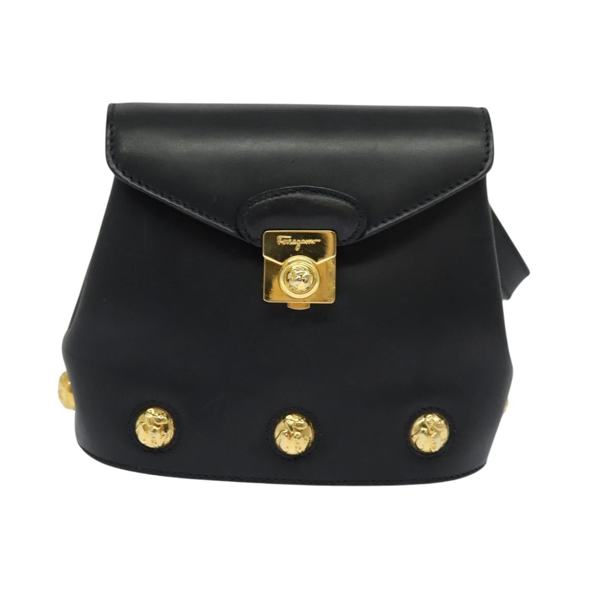 Salvatore Ferragamo Shoulder Bag Leather Navy Gold Auth 125934