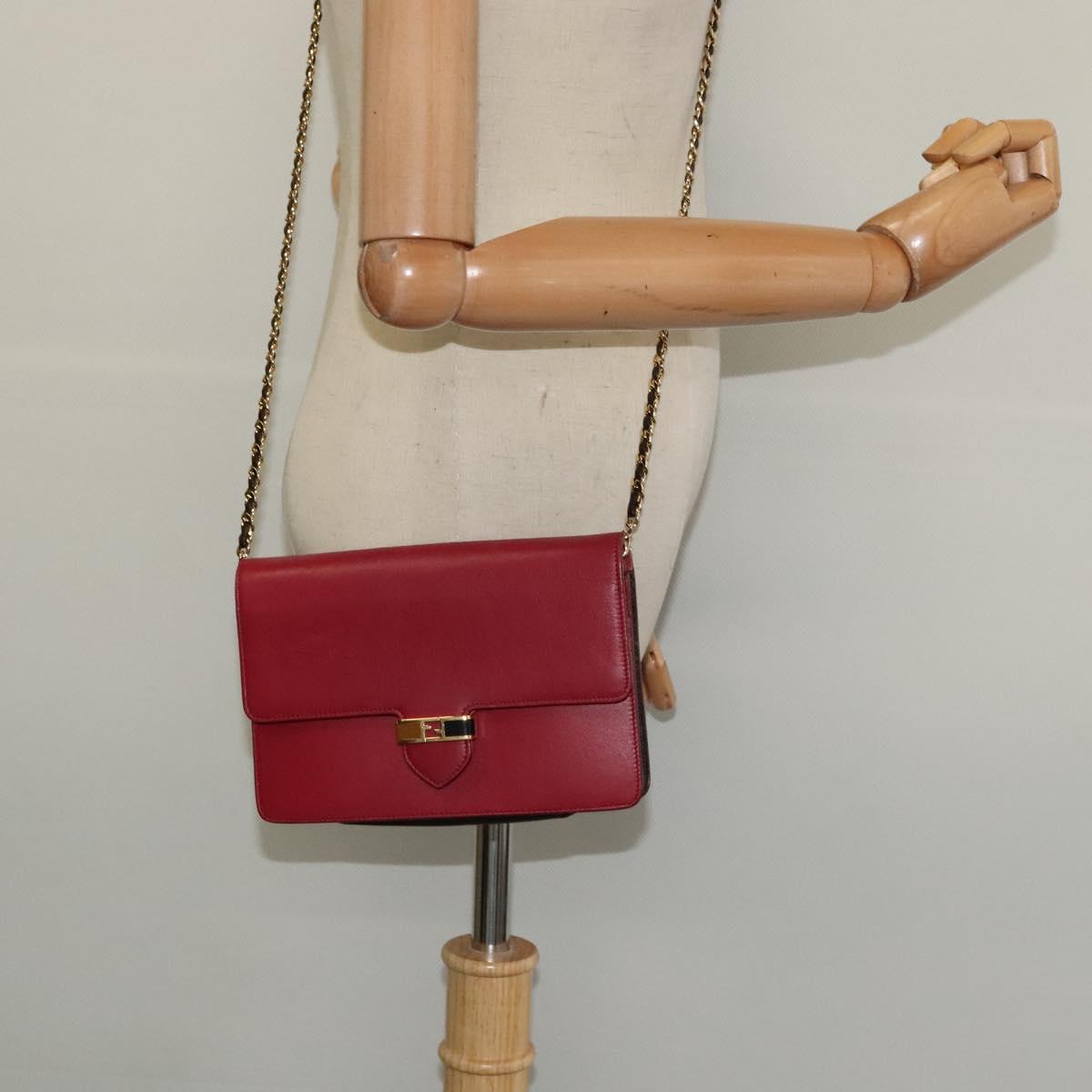 FENDI Chain Shoulder Bag Leather Red Gold Auth 125939