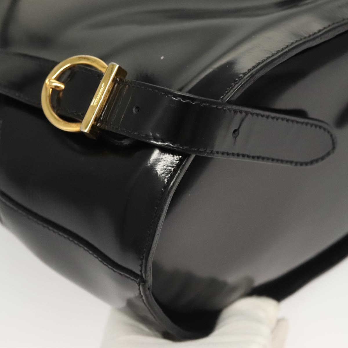 Salvatore Ferragamo Gancini Backpack Enamel Black Gold Auth 125955