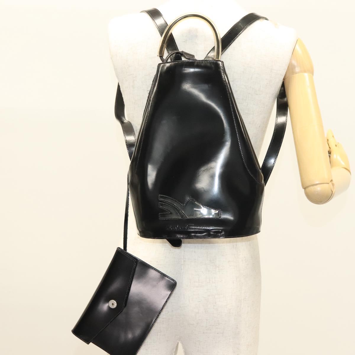 Salvatore Ferragamo Gancini Backpack Enamel Black Gold Auth 125955