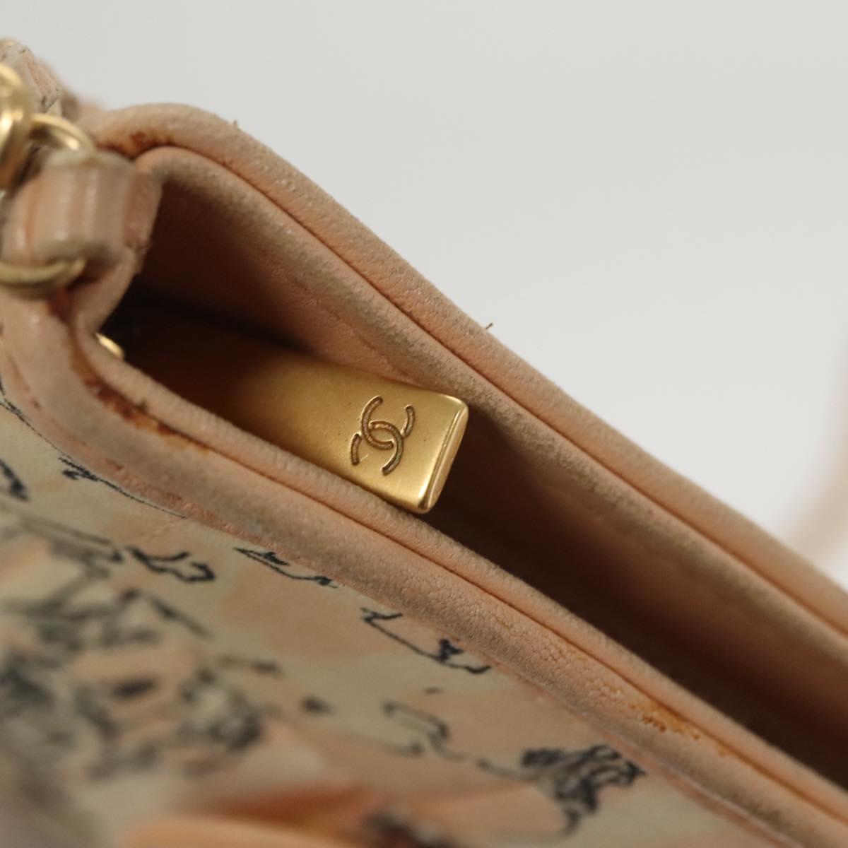 CHANEL Accessory Pouch Silk Beige Gold CC Auth 125970