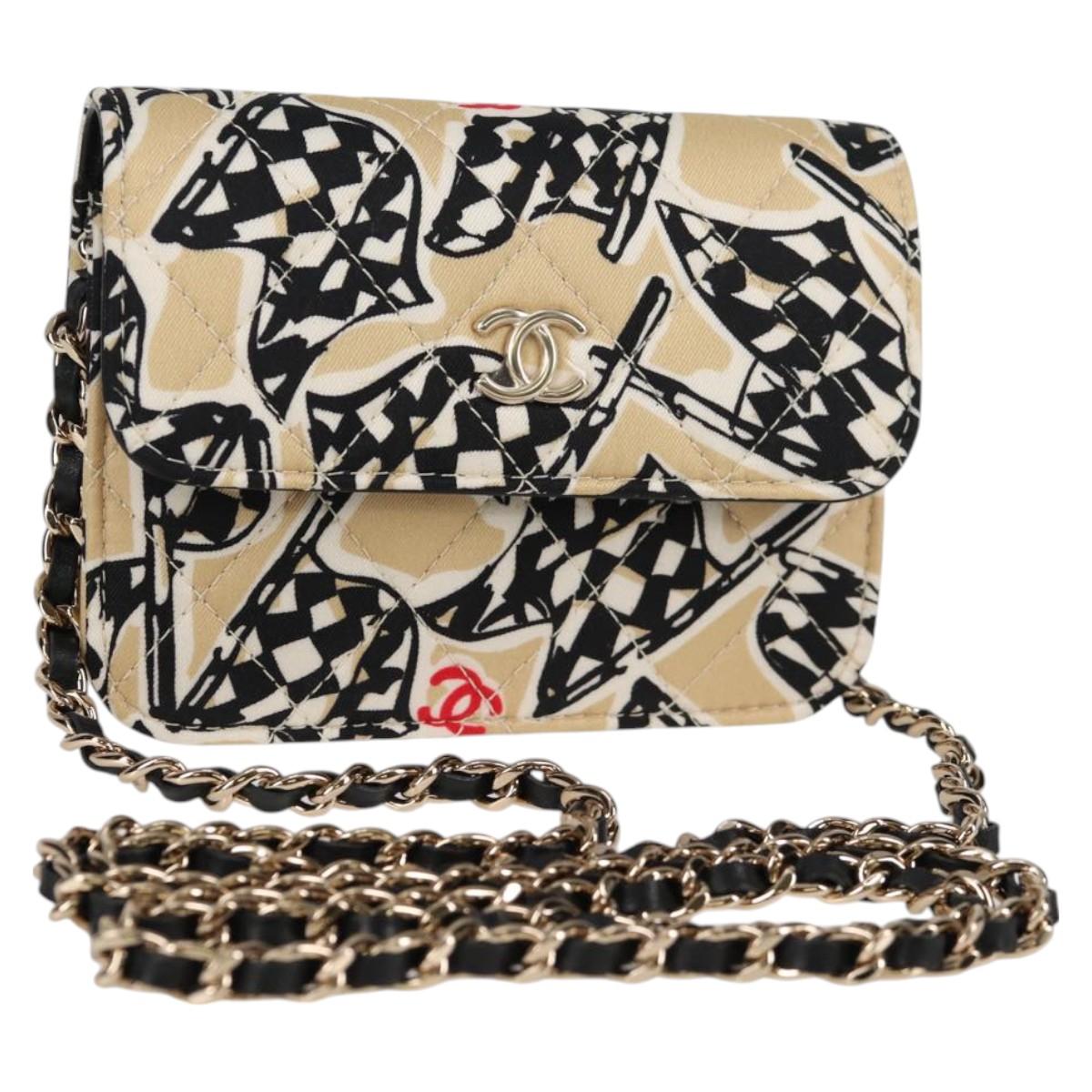 CHANEL Matelasse Checkered Flag Chain Shoulder Bag Nylon Beige CC Auth 125975M