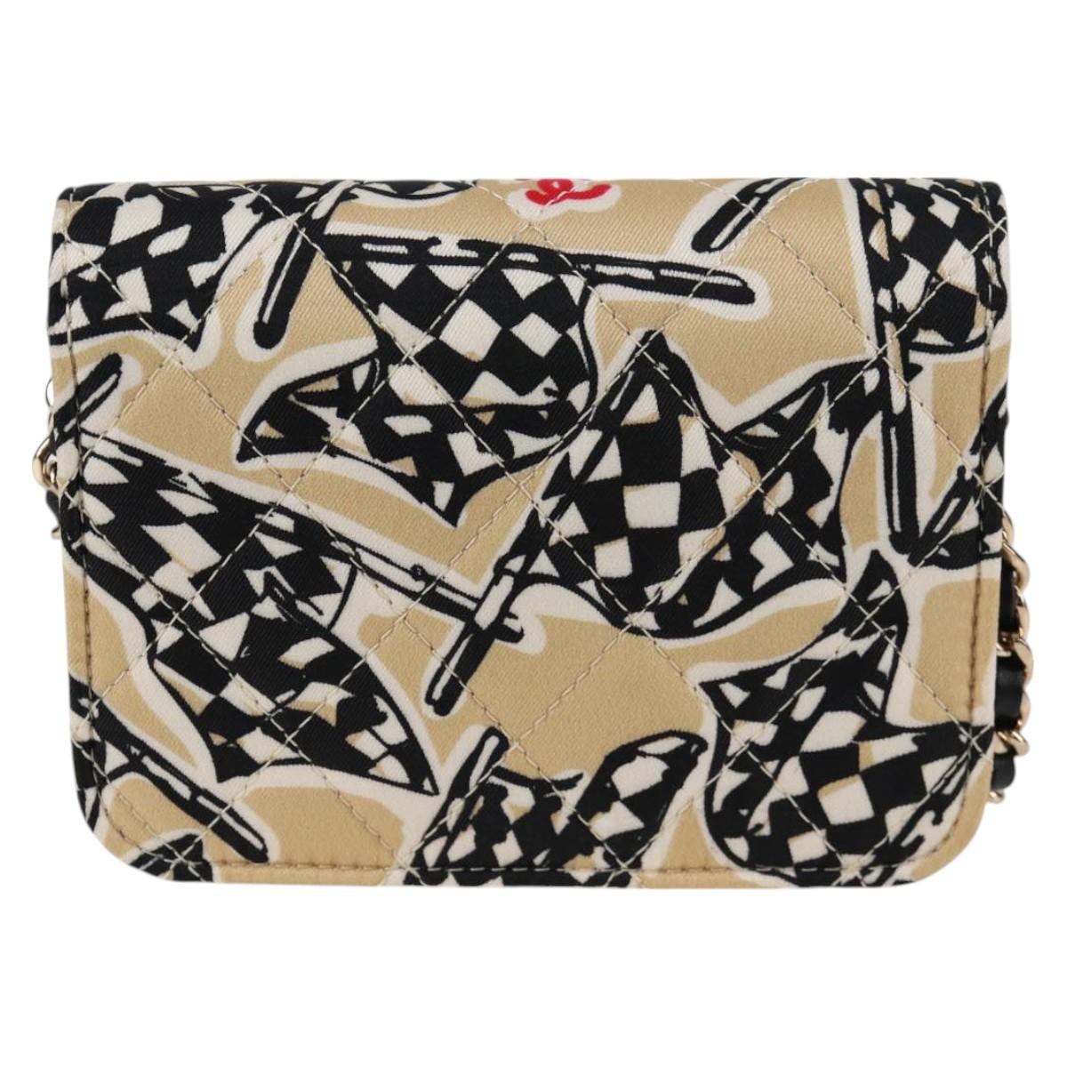 CHANEL Matelasse Checkered Flag Chain Shoulder Bag Nylon Beige CC Auth 125975M