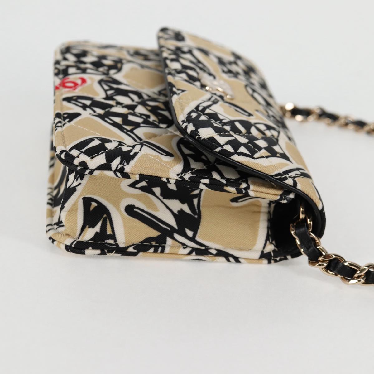 CHANEL Matelasse Checkered Flag Chain Shoulder Bag Nylon Beige CC Auth 125975M