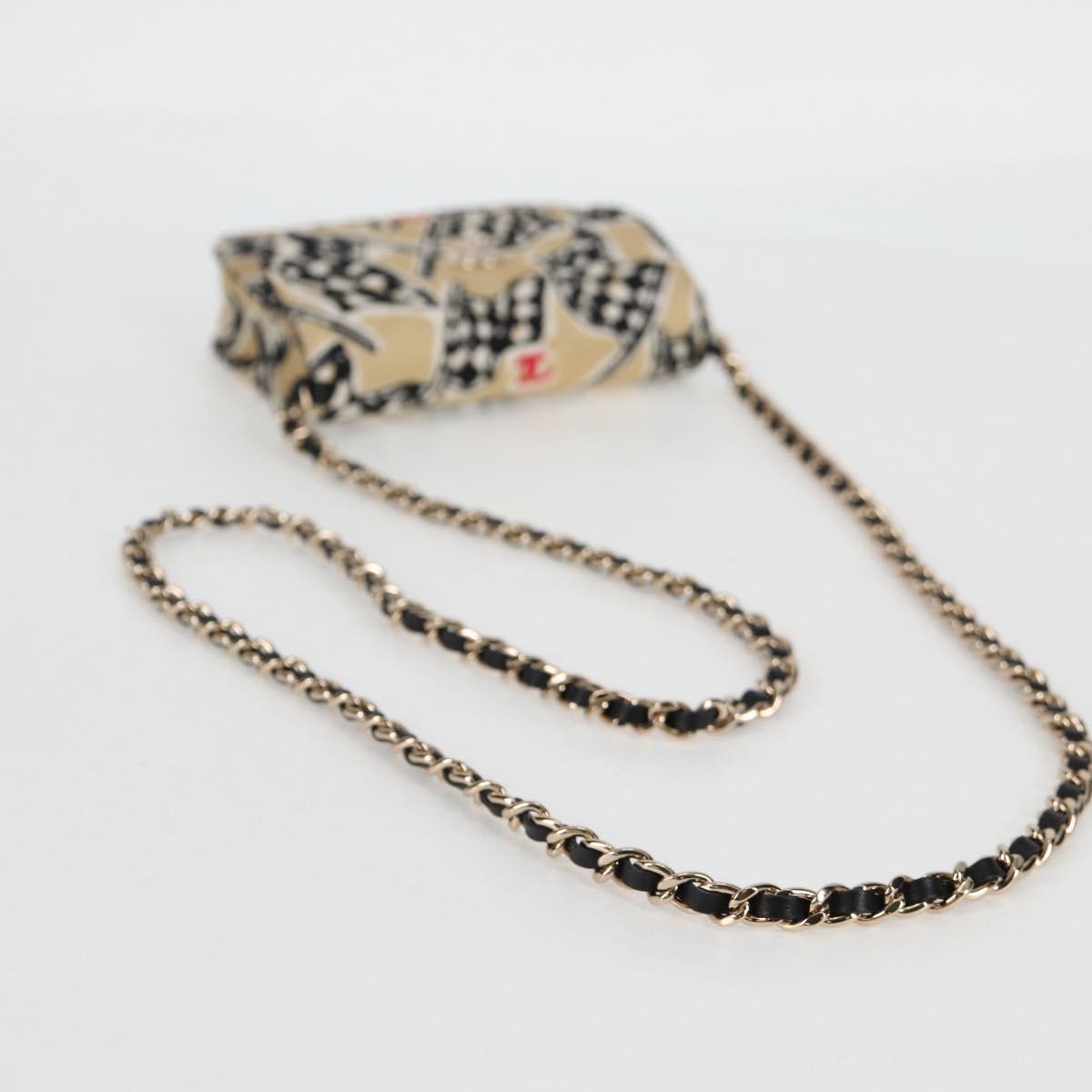 CHANEL Matelasse Checkered Flag Chain Shoulder Bag Nylon Beige CC Auth 125975M