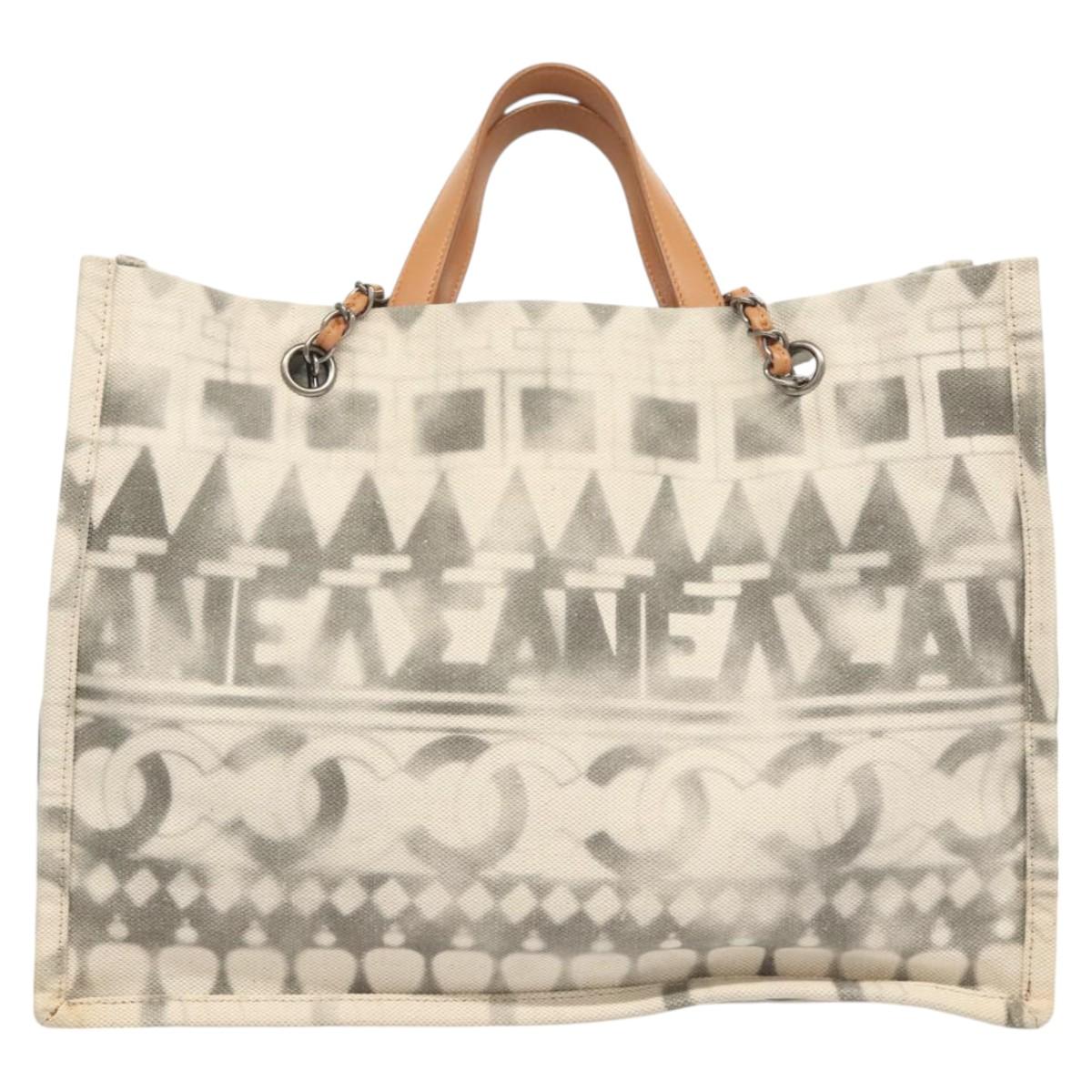 CHANEL Chain Tote Bag Canvas 2way Gray CC Auth 125976