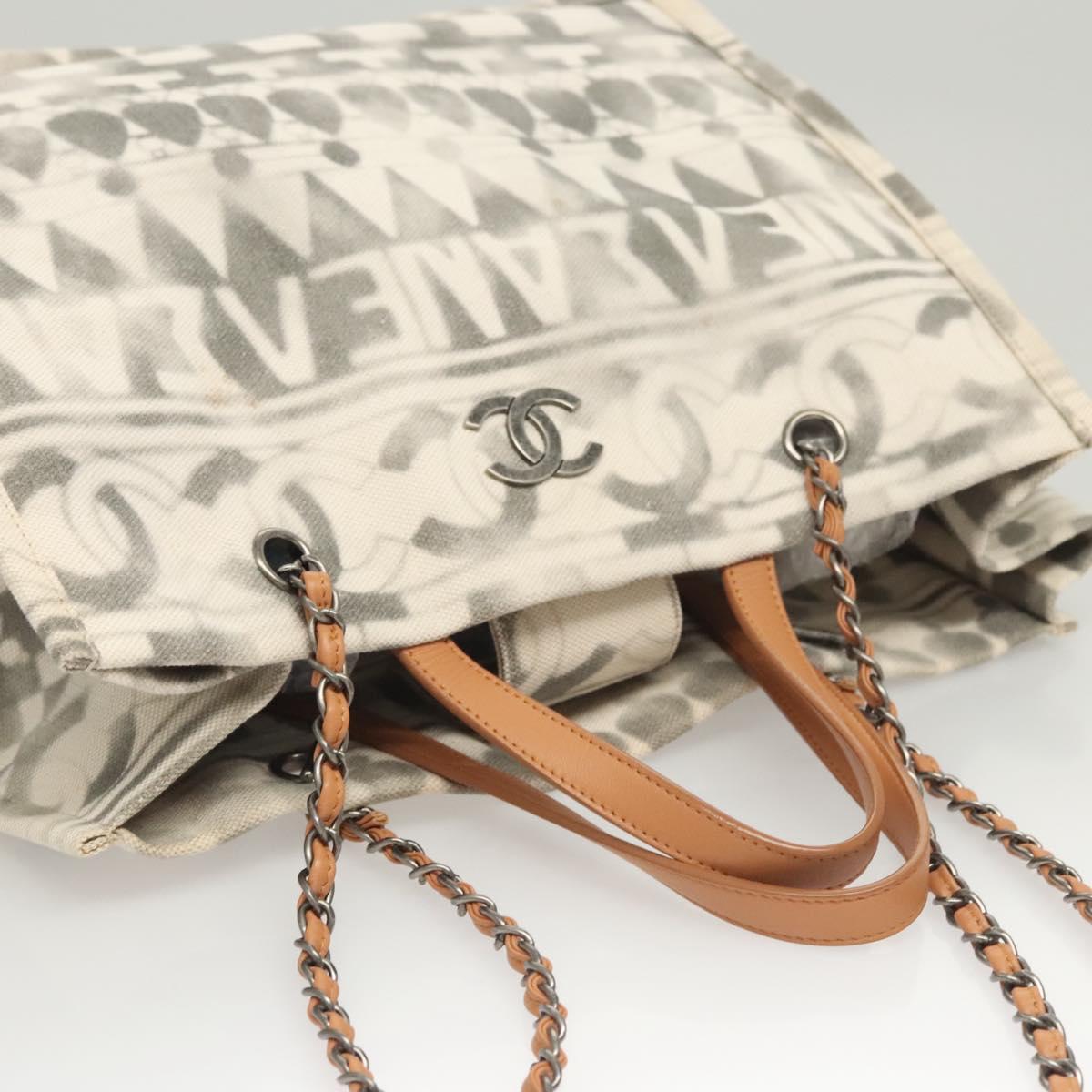 CHANEL Chain Tote Bag Canvas 2way Gray CC Auth 125976
