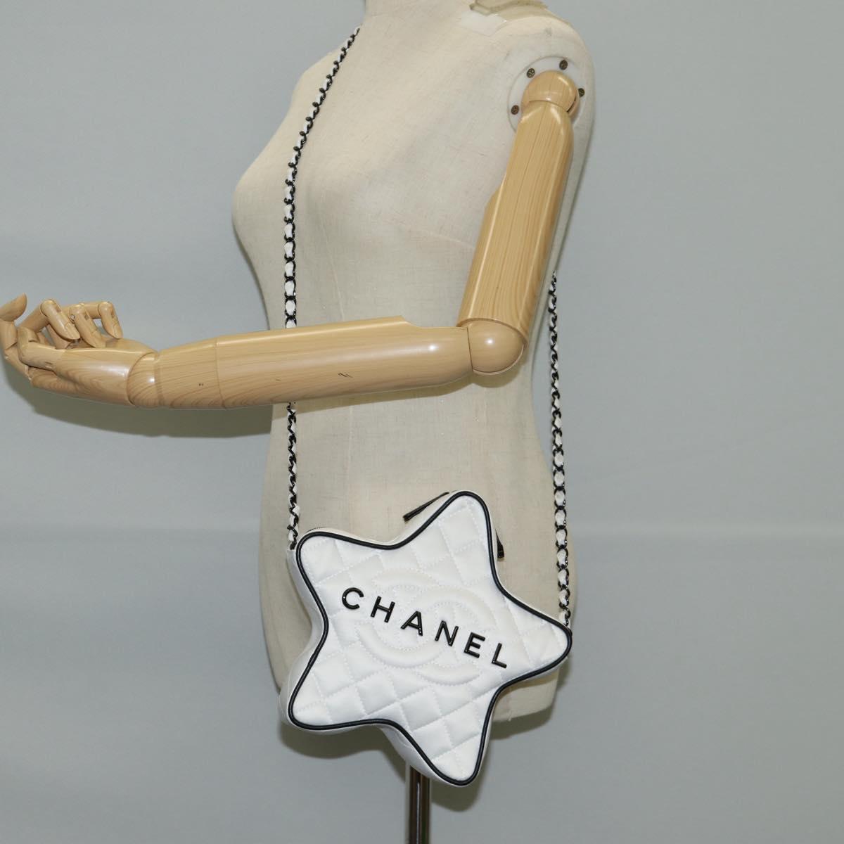 CHANEL Star Chain Shoulder Bag Satin White Gold CC Auth 125991SM