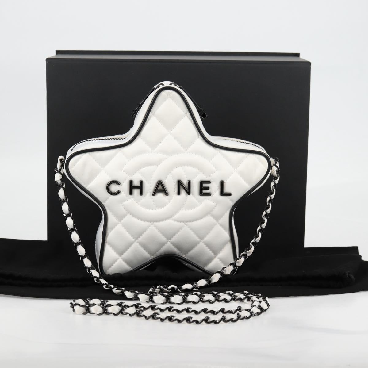 CHANEL Star Chain Shoulder Bag Satin White Gold CC Auth 125991SM