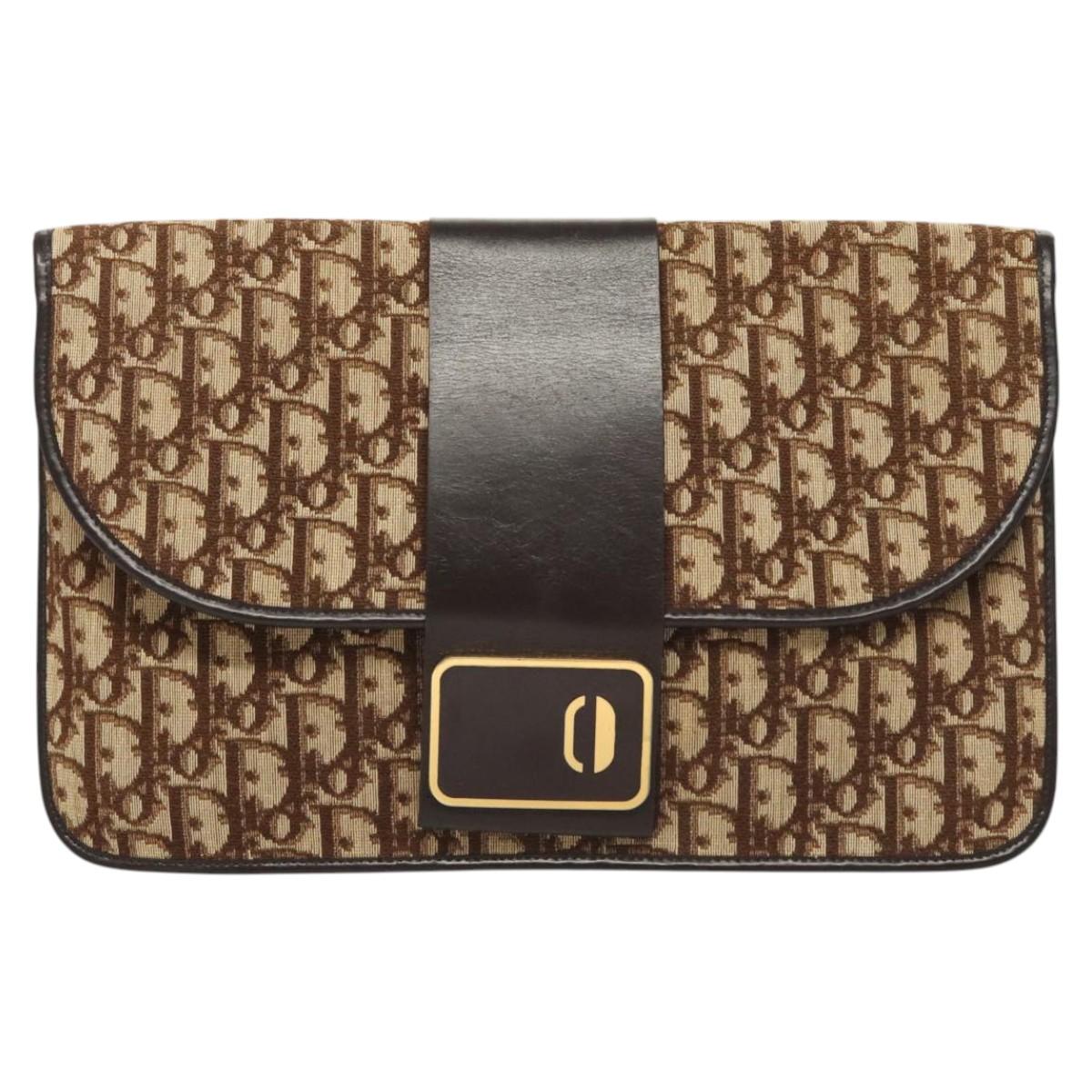 Christian Dior Trotter Canvas Clutch Bag Brown Gold Auth 126019