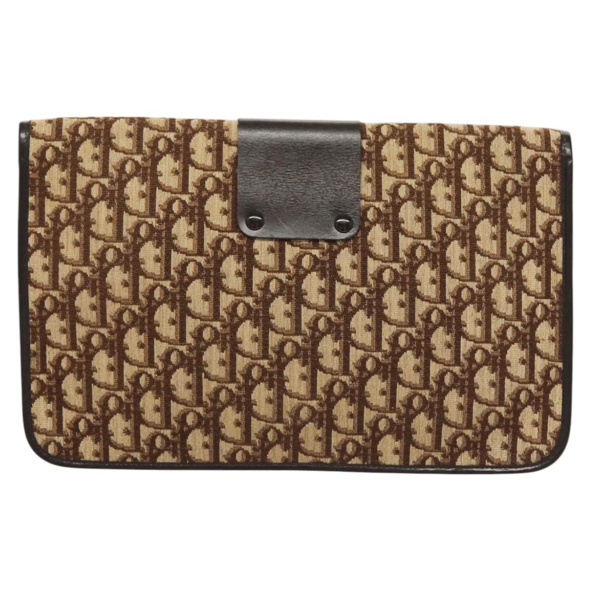 Christian Dior Trotter Canvas Clutch Bag Brown Gold Auth 126019